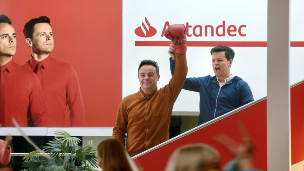 Spanish banking group Santander's 'annoying great' cashback has seen Ant and Dec pull on their boxing gloves in the latest instalment of the 'Bank of Antandec' campaign, here depicting a still from the video.