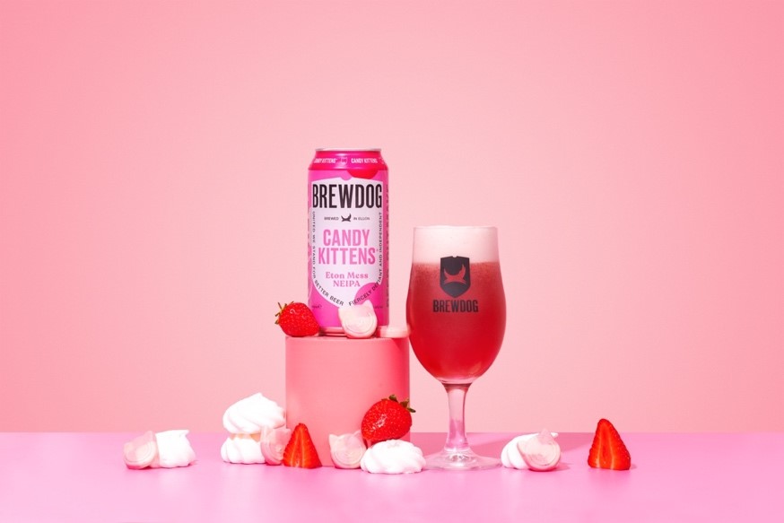 Brewdog and sweet brand Candy Kittens have once again joined together for a campaign promoting their latest collaboration - Eton Mess New England IPA, here depicting the products across a pink background