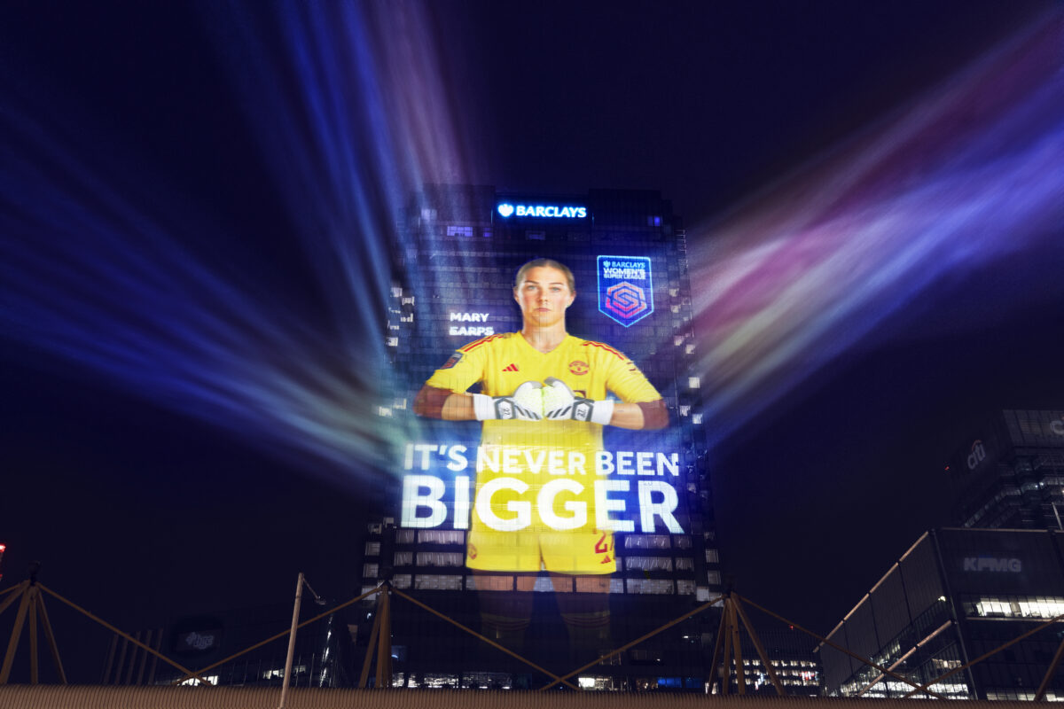 Barclays has projected 12 leading football players onto its global headquarters to celebrate the start of Barclay's Women's Super League, depicted here