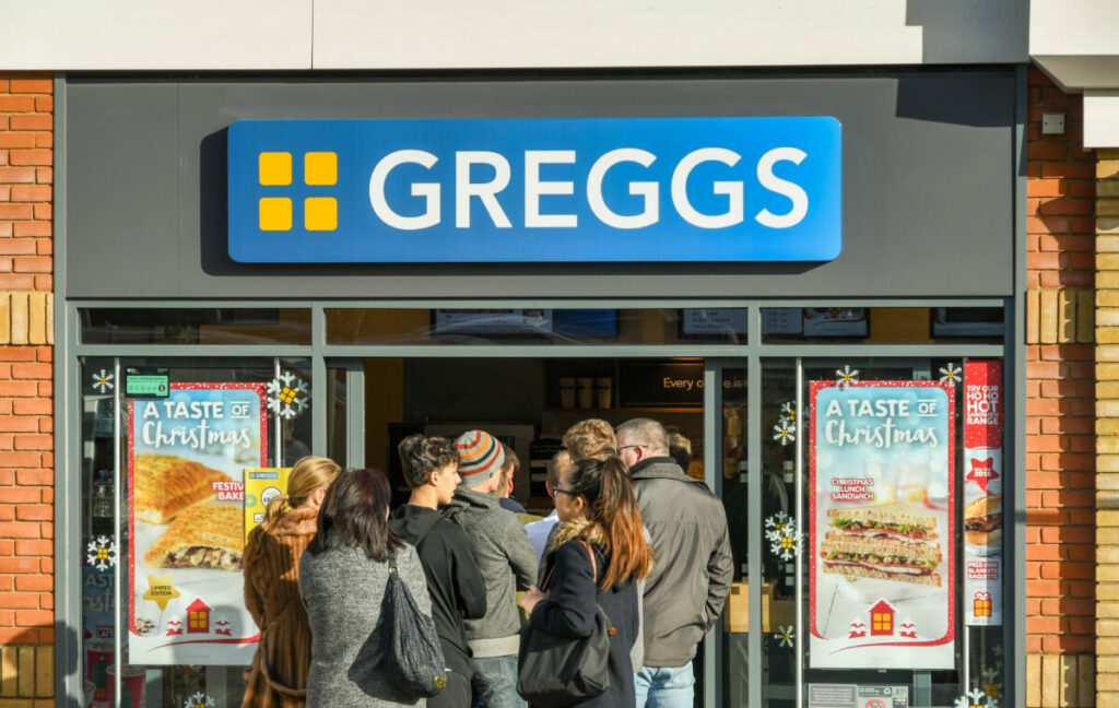 A crowd queues eagerly outside a Greggs store. Greggs has come out second for brand strength, while Robinsons and Fairy are also among the smaller more focused brands that dominate Brand Finance's list.